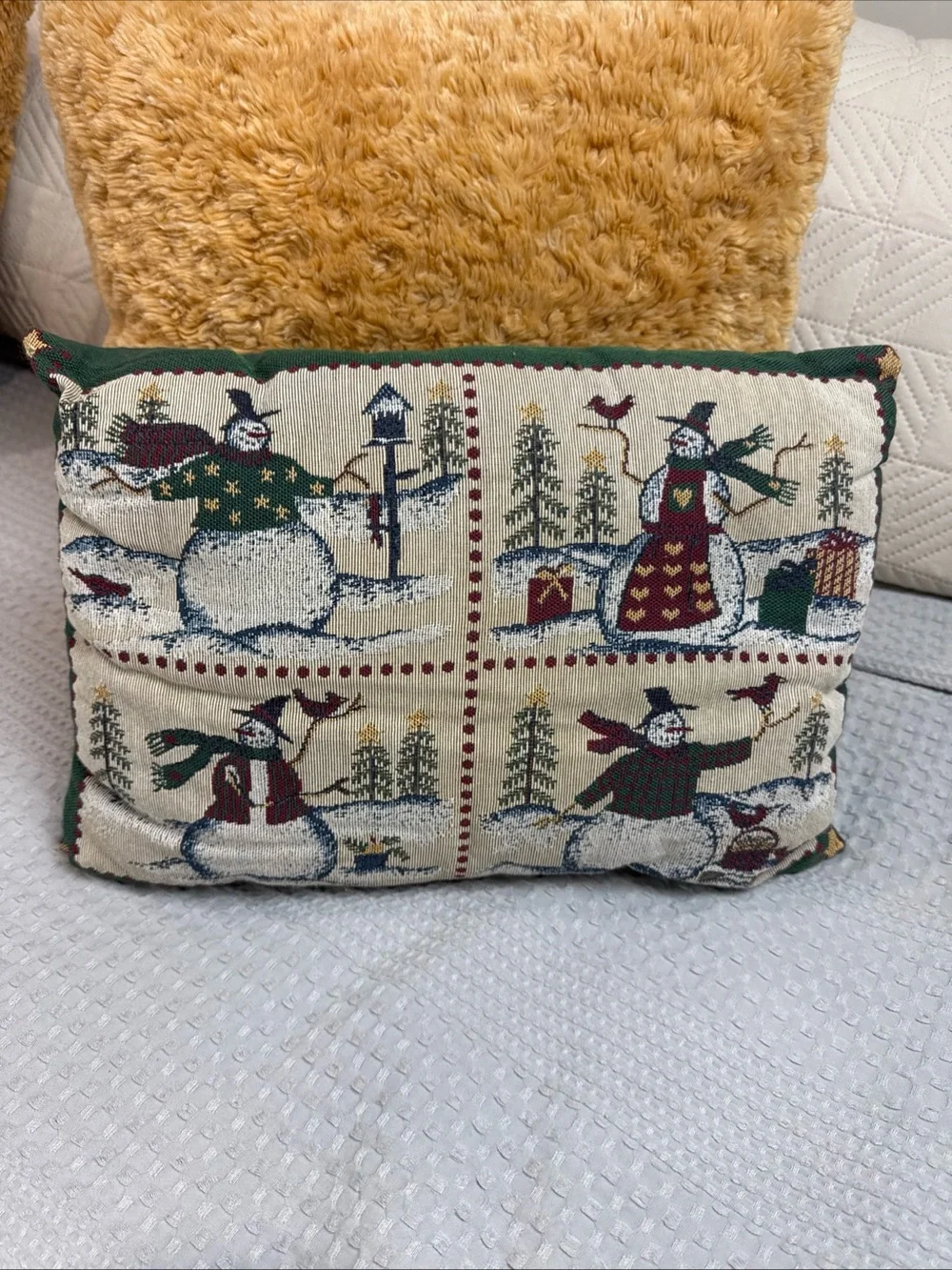 Festive Snowman Tapestry Accent Pillow - Green and Cream